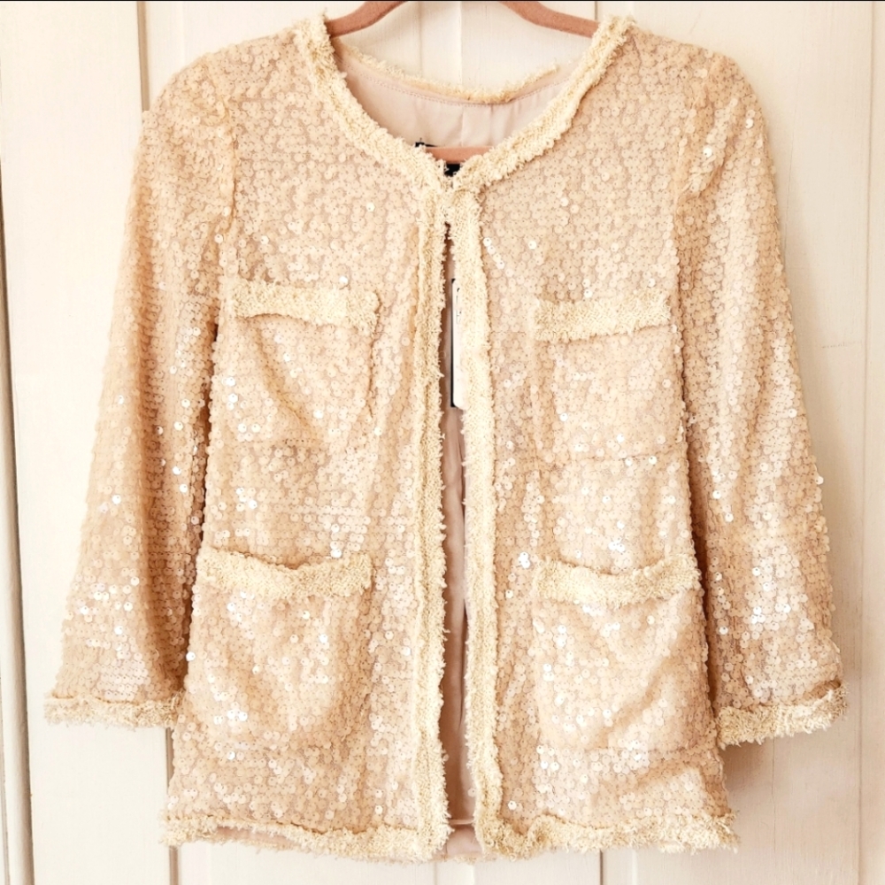 Zara Cream All Over Sequin Open Front Contrasting Trim Jacket
